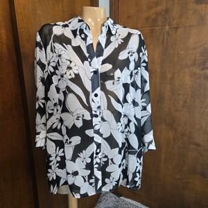 Additions by Chico's Womens Tunic Black White Size 3 Sheer Floral Button Down